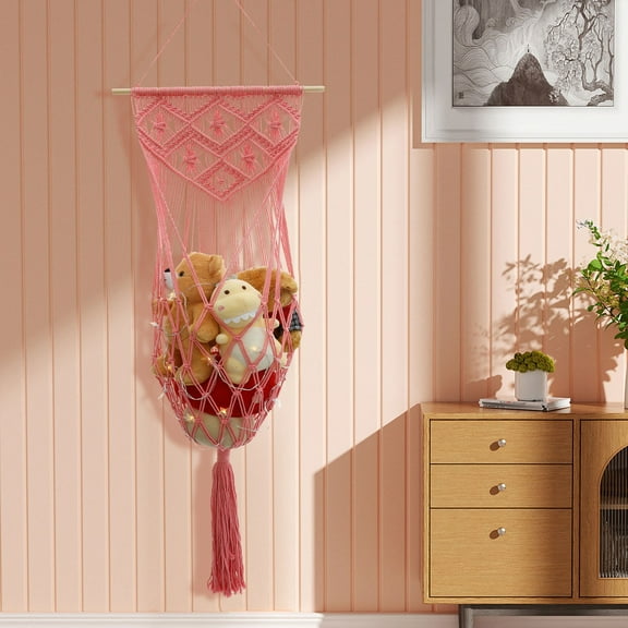 Stuffed Animal Hammock Corner, 54 Inch Jumbo Macrame Ceiling Toys Net, Light Pink Wall Hanging Organizer Holder Plush Storage Display Net Mesh with String Light for Nursery Playroom Kid Room Decor