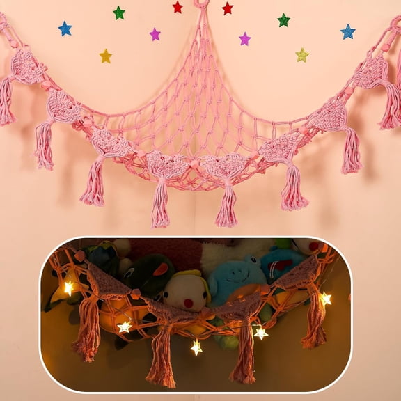 Stuffed Animal Hammock Corner, 56 Inch Jumbo Macrame Ceiling Toys Net, Pink Wall Hanging Organizer Holder Plush Storage Display Net Mesh with String Light for Nursery Playroom Kid Room Decor