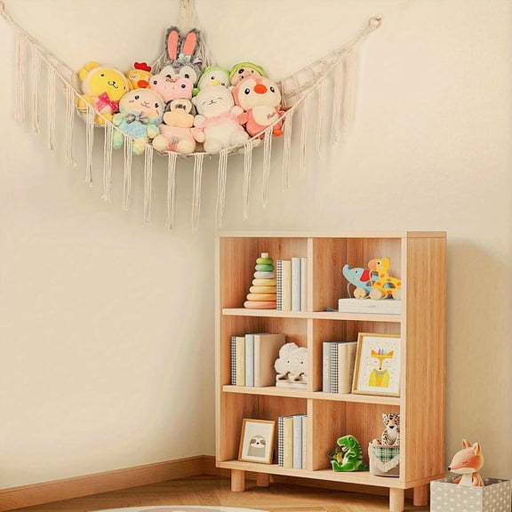 Stuffed Animal Hammock Corner, Hand- Large Plushie Net Toy Hammock with Wooden Rings Boho Cute Stuff Animal Storage for Nursery & Bedroom Mesh Kids Toy Organizer Holder Nursery Room Decor