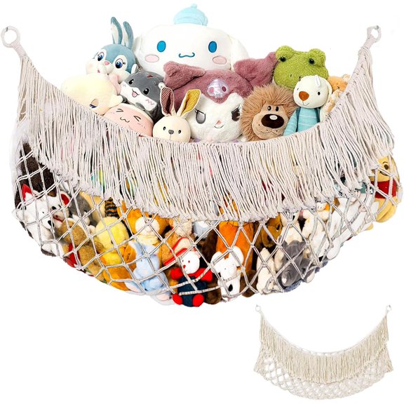 Stuffed Animal Hammock,Cotton Stuffed Animal Storage,Boho Stuffed Animal Net for Bedroom(Cream-Colored)