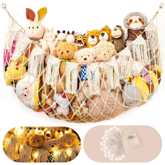 Stuffed Animal Hammock Net with Lights - Big Wall Hanging Stuffed Animal Storage for Plushies and Teddy Bears,Boho Macrame Toy Hammock Organizer Holder for Kids Boys Bedrooms Playroom Nursery White
