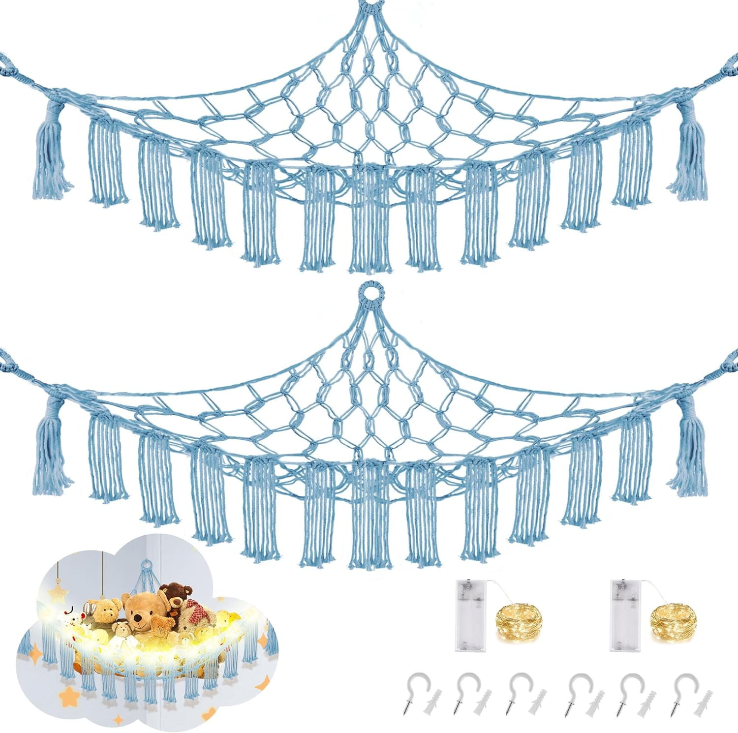 Stuffed Animal Hammock with LED Light, 2 Pack Toy Hammock for Stuffed Animals Storage for Kids, Stuffed Animal Hammock Corner, Baby Blue
