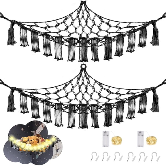 Stuffed Animal Hammock with LED Light, 2 Pack Toy Hammock for Stuffed Animals Storage for Kids, Stuffed Animal Hammock Corner, Black