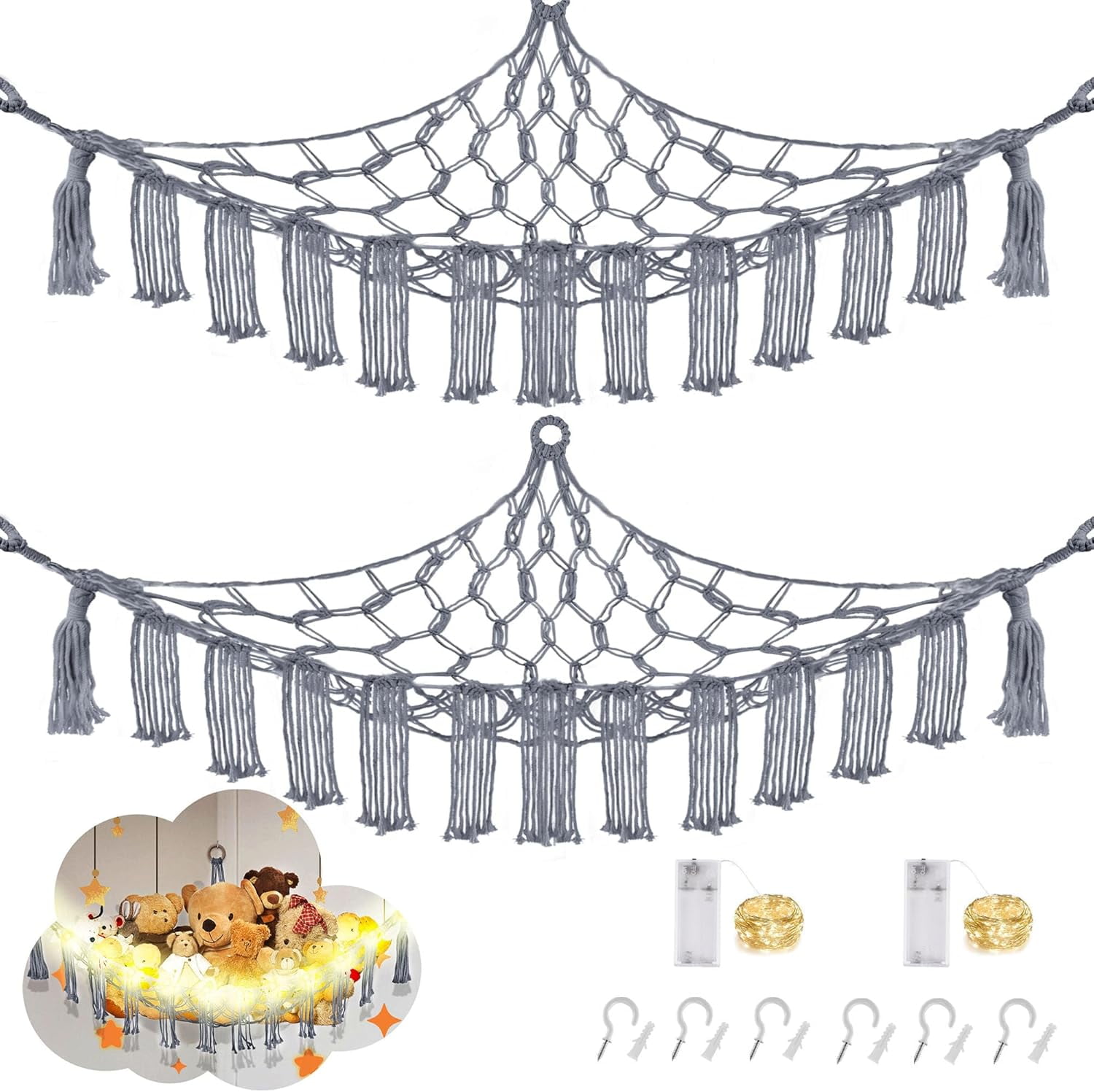 Stuffed Animal Hammock with LED Light, 2 Pack Toy Hammock for Stuffed Animals Storage for Kids, Stuffed Animal Hammock Corner, Grey