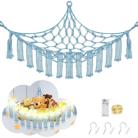 Stuffed Animal Hammock with LED Light, Jumbo Toy Hammock for Stuffed Animals Storage for Kids Room Decor, Stuffed Animal Hammock Corner, Baby Blue