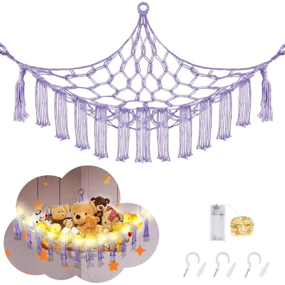 Stuffed Animal Hammock with LED Light, Toy Hammock for Stuffed Animals Storage for Kids Room Decor, Stuffed Animal Hammock Corner, Purple