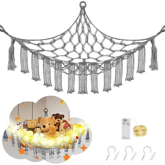 Stuffed Animal Hammock with LED Light, Toy Hammock for Stuffed Animals Storage for Kids Room Decor, Stuffed Animal Hammock Corner