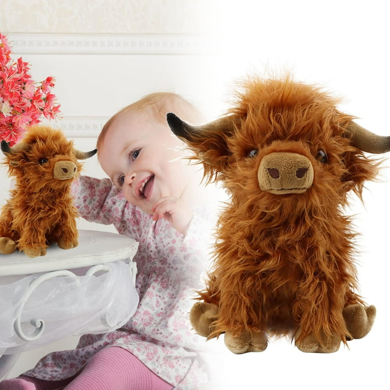 Stuffed Animal Highland Cow Plush Realistic Soft Cow Plush Toy Cuddly Highland Cow Farm Decor for Adults Kids Boys Girls Brown