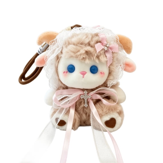 Stuffed Animal Keychain Colorful Lamb Plush Pink Lace Ribbon with Wrist Strap Blue Eye Pearl Detail Charm for Purse Bag Accessory Gifting
