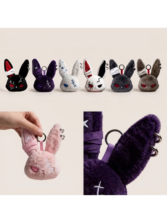 Stuffed Animal Keychain, Goth Stuffed Bunny Keychain, Bandaged Rabbit Plush, Dark Aesthetic Keychain, 6X3 Inch Soft Plush Keyring with Metal Hanging Loop for Handbags, Backpacks,