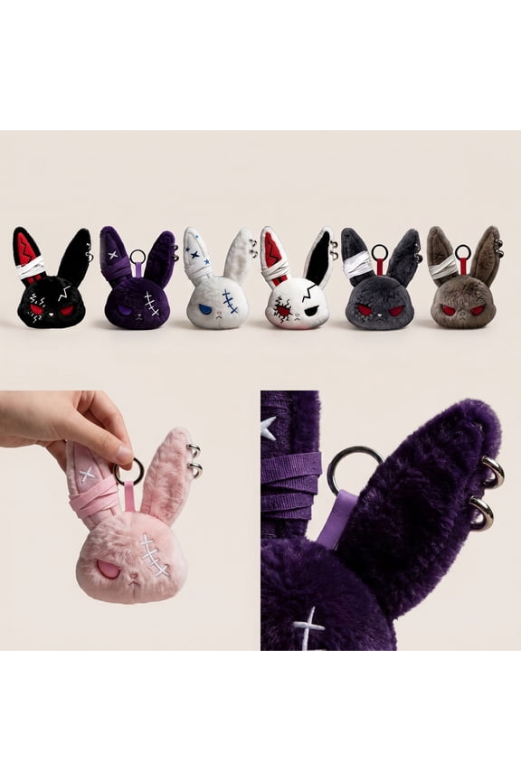 Stuffed Animal Keychain, Goth Stuffed Bunny Keychain, Bandaged Rabbit Plush, Dark Aesthetic Keychain, 6X3 Inch Soft Plush Keyring with Metal Hanging Loop for Handbags, Backpacks,