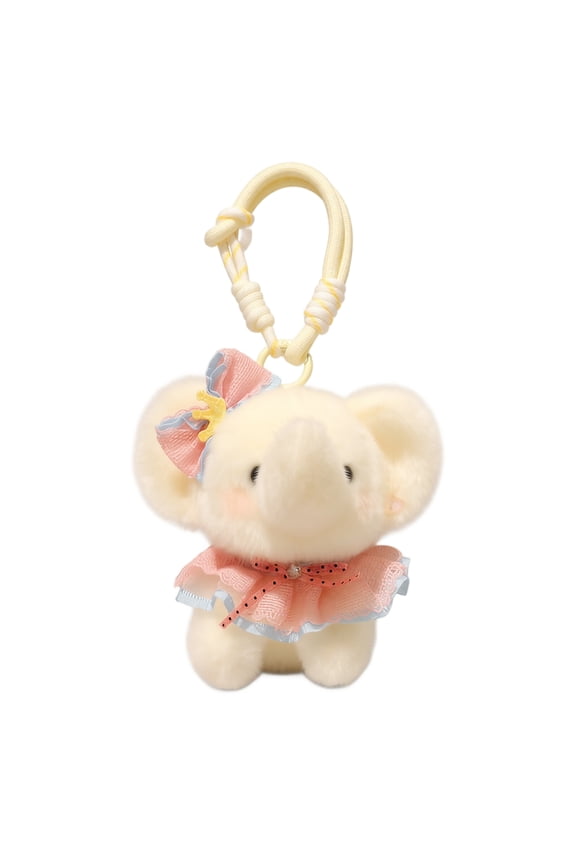 Stuffed Animal Keychain Soft White Elephant Plush with Decorative Bow Braided Wrist Strap for Backpack Purse Charm Accessory
