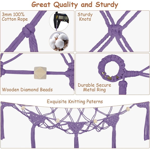 Stuffed Animal Net Hammock Corner, 57 Inch Large No Drilling Handcrafted Toy Hammock Plushie Net, Natural 100% Cotton Boho Macrame Stuffy Storage Toy Net Organizer for Kid Room Nursery Decor(Purple)
