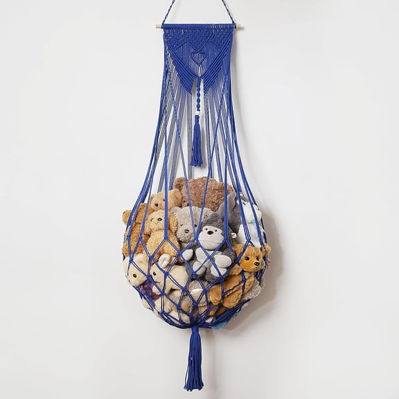 Stuffed Animal Net or Hammock Corner or Wall Hanging Net for Plush Toy Storage Boho Macrame Toy Display Nursery Bedroom Decor Stuffy Animal Toy Organizer (Blue)
