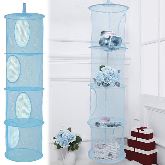 Stuffed Animal Net, Mesh Hanging Storage Bags, 1.8x43.3Inch Hanging Mesh Stuffed Animal Storage, 4 Layer Compartment Storage Bag Blue, Foldable Storage Organizer Bags