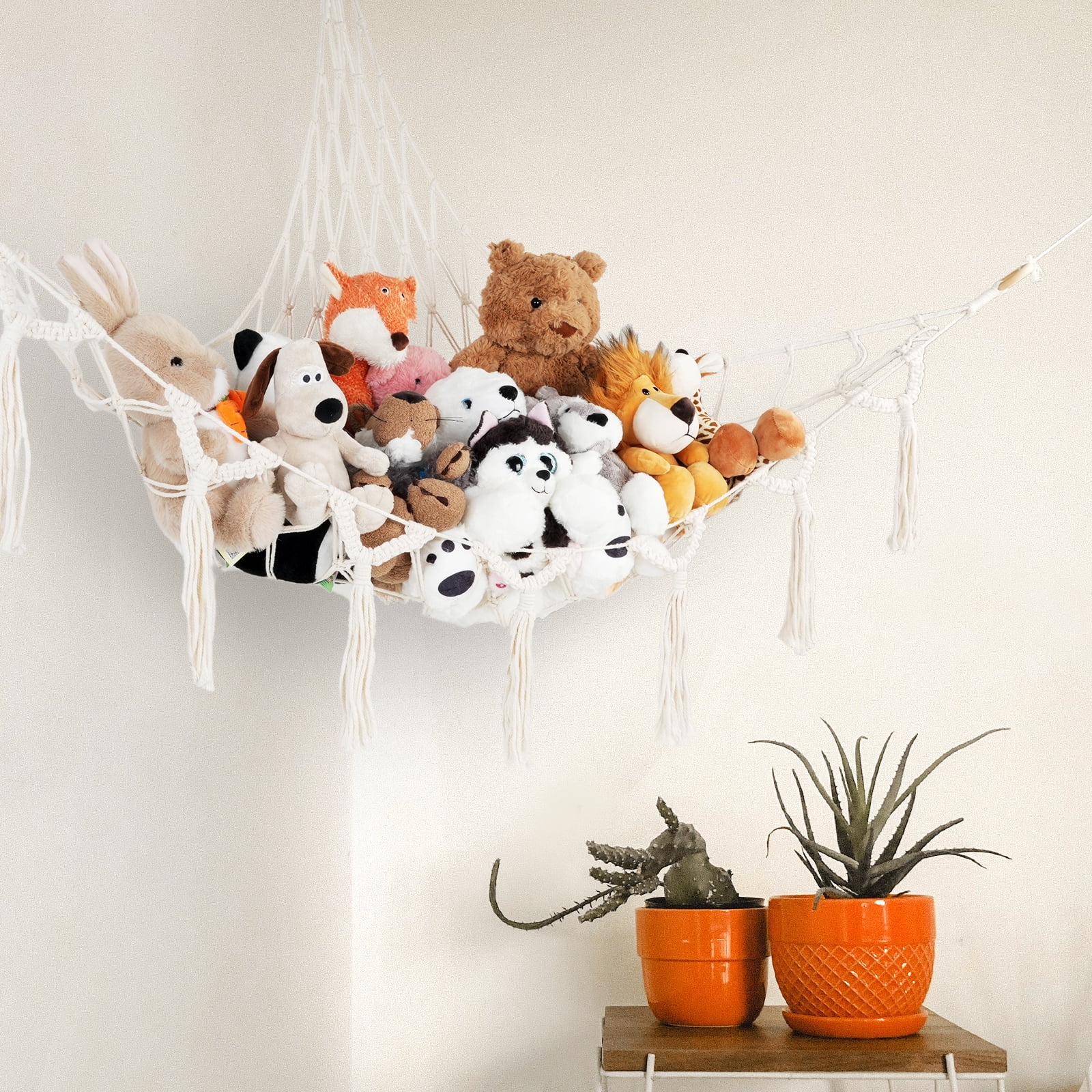 Stuffed Animal Net or Hammock Corner, Plush Toy Storage Net Boho, Macrame  Wall Hanging Organizer with Tassel & Hooks Kids Room Decor