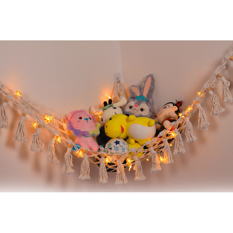 2 Set Stuffed Animal Net or Hammock with LED Light, Stuffed Animal Storage  Stuffed Animal Hammock Corner Toy Hammock Macrame Stuffed Animal Organizer