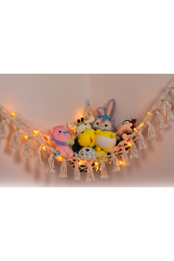 Stuffed Animal Net or Hammock with LED Light, Hanging Corner Net for Stuffed Animals Storage, Toy Organizer for Bedroom Nursery Crib Kindergarten
