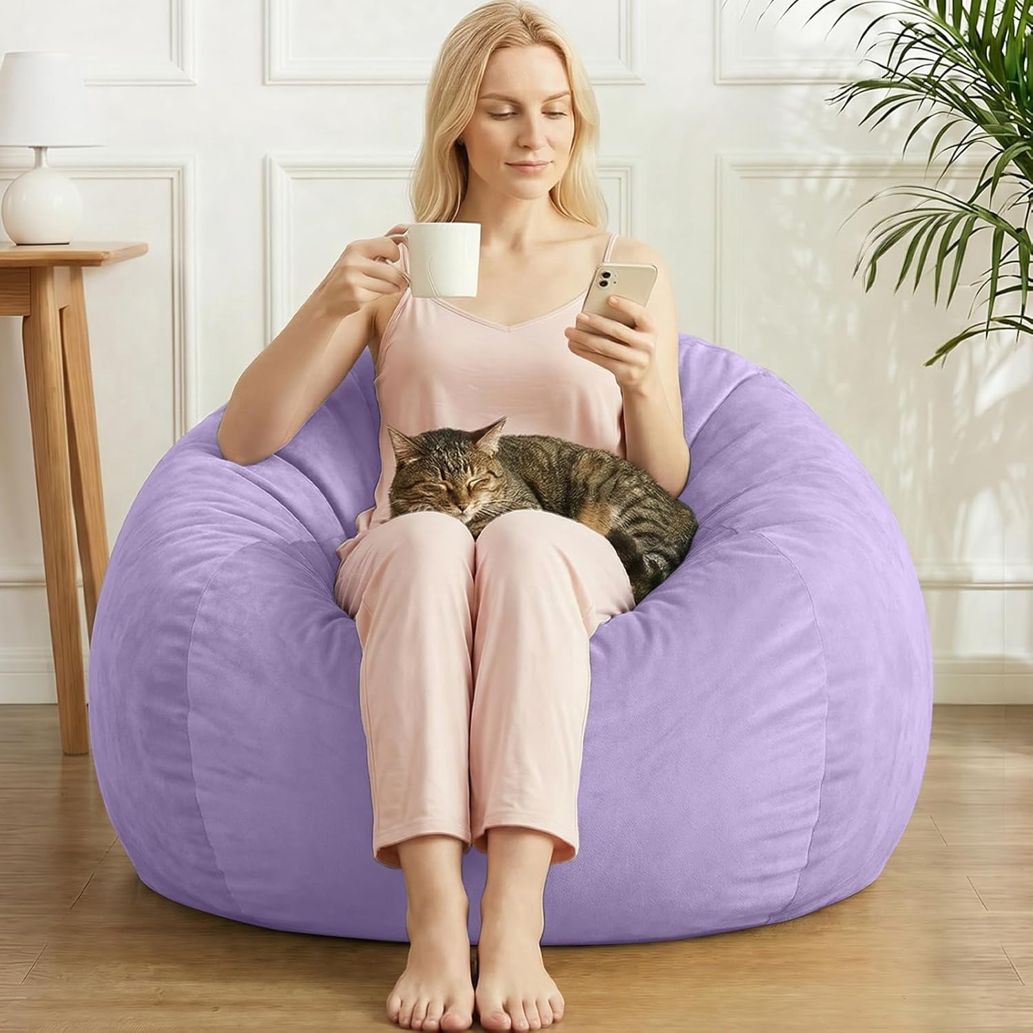 Stuffed Animal Storage Bean Bag Chair Cover for Adults (No Filler), Soft Comfy Velvet Beanbag Chair Cover Machine Washable, Adults Bean Bag Chair with Handle for Living Room Bedroom, Purple