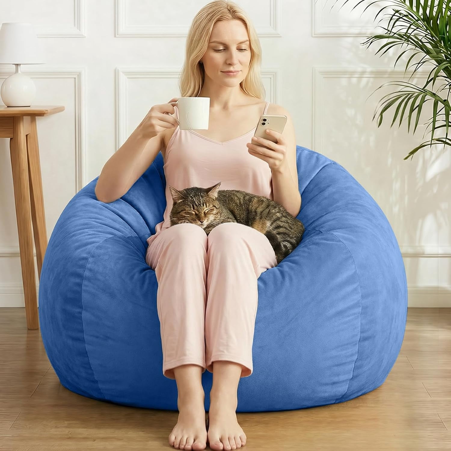 Stuffed Animal Storage Bean Bag Chair Cover for Adults (No Filler), Soft Comfy Velvet Beanbag Chair Cover Machine Washable, Adults Bean Bag Chair with Handle for Living Room Bedroom, Dark Blue