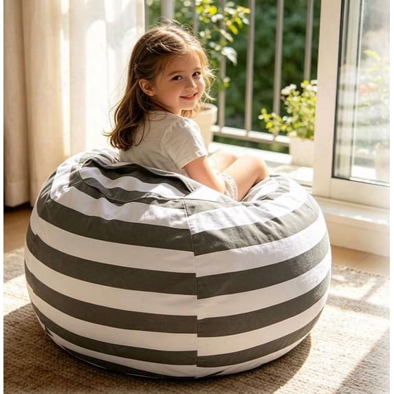 Stuffed Animal Storage Bean Bag Chair Cover, Cotton Canvas Stuffable Zipper Beanbag for Organizing Plush Toys, Heavy Duty Floor Lounger for Bedroom Classroom