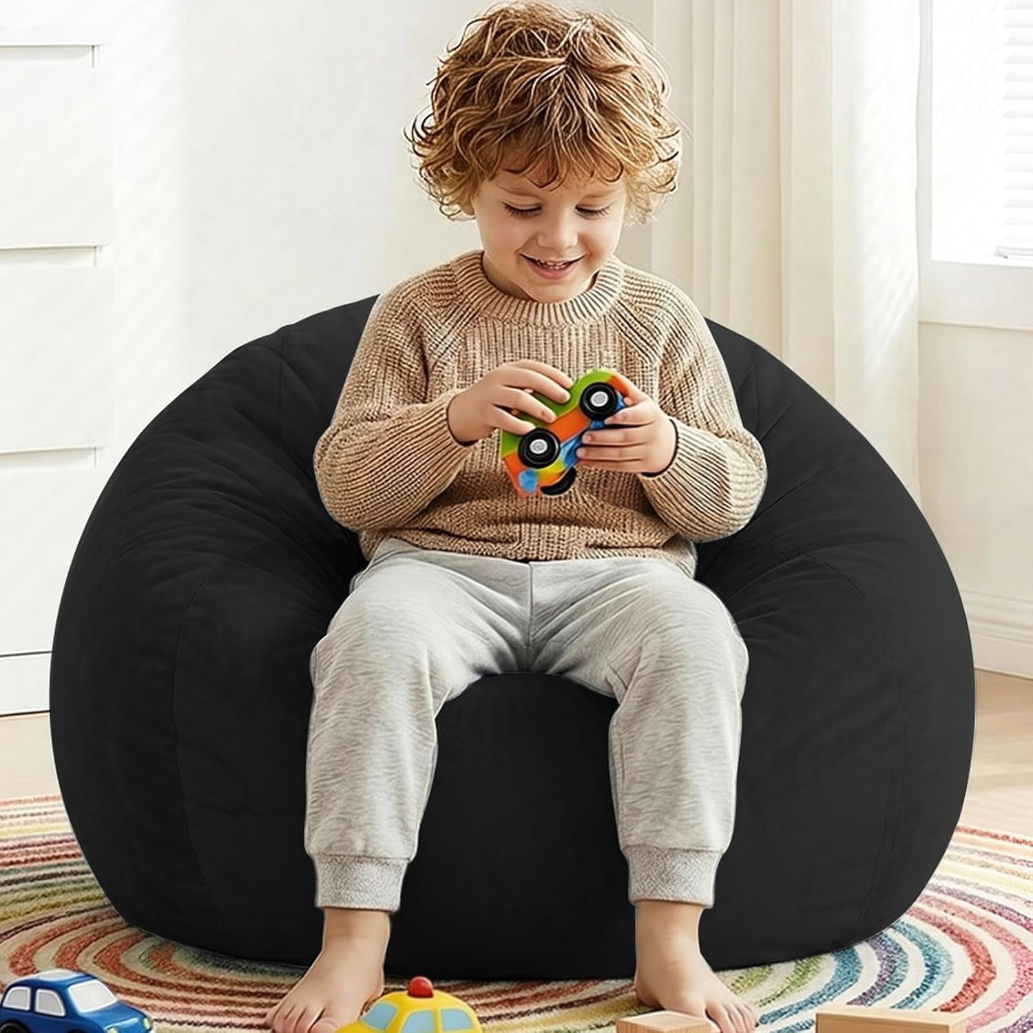 Stuffed Animal Storage Bean Bag Chair Cover for Kids (No Filler), Soft Comfy Velvet Beanbag Chair Cover Machine Washable, Kids Bean Bag Chair with Handle for Living Room Bedroom Dorm, Black