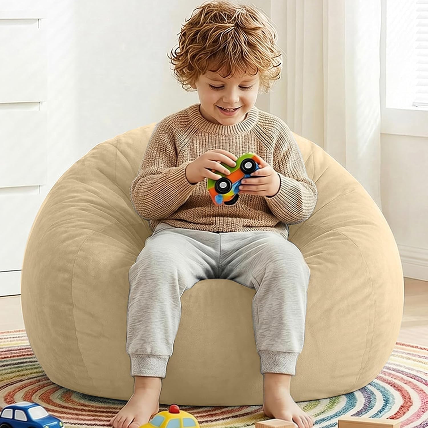 Stuffed Animal Storage Bean Bag Chair Cover for Kids (No Filler), Soft Comfy Velvet Beanbag Chair Cover Machine Washable, Kids Bean Bag Chair with Handle for Living Room Bedroom Dorm, Camel