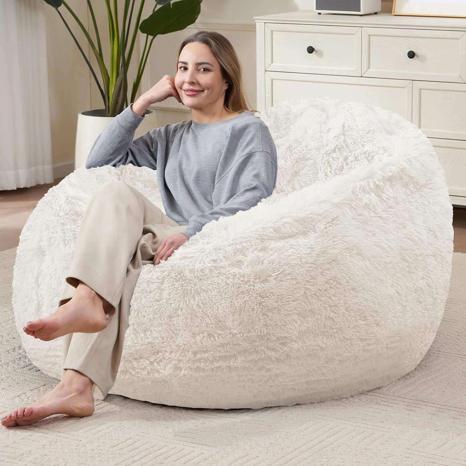Stuffed Animal Storage Bean Bag (Cover Only), Adult Bean Bag Chair Covers Machine Washable, White Bean Bag Chair Without Filler Included