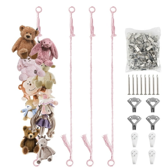 Stuffed Animal Storage Chain 80 Inch, 4pcs Pink Hanging Stuff Animals organizer, Cotton Toy Display Chain with 80 Clips, Toys Organizers Holder for Toddler Kids Nursery Room Wall Corner Decor