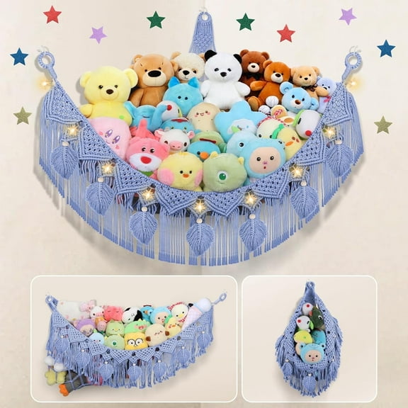 Stuffed Animal Storage Hammock, 56" Jumbo Boho Leaf Macrame Tassel Wall Hanging Toy Holder, Hanging Net Organizer for Teddy Plush,Stuffed Animal Net w/Star Light for Kid Girls Boys( Dark Blue )