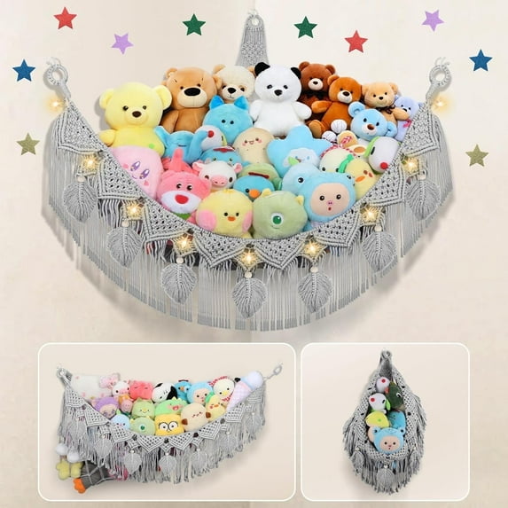 Stuffed Animal Storage Hammock, 56" Jumbo Ceiling Hanging Net Organizer for Nursery Decor, Boho Leaf Tassel Corner Toy Holder Wall Mounted, Gray Plush Toy Net w/LED Star Light for Baby Girl Boy