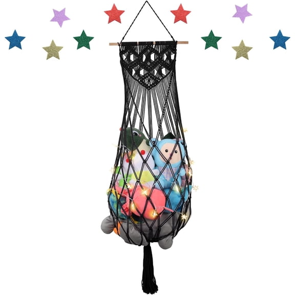 Stuffed Animal Storage Hammock, 63'' Jumbo Boho Macrame Tassels Corner Toy Holder Wall Hanging Net Organizer for Nursery Teddy Plushie, Black Plush Toy Net with Star Light for Baby Boys Girls