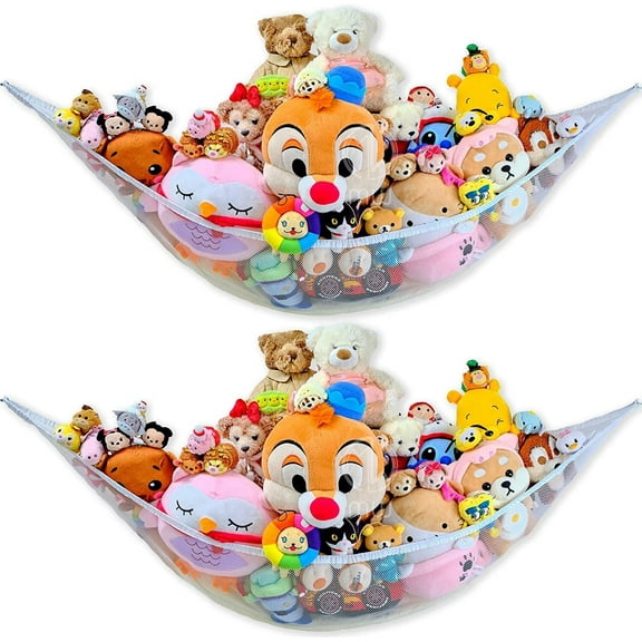 Stuffed Animal Storage Hammock Set of 2, Corner Hanging Stuffed Animal Net Organizer, Stuffed Animals Toy Storage for Room & Bedroom Decor (White)