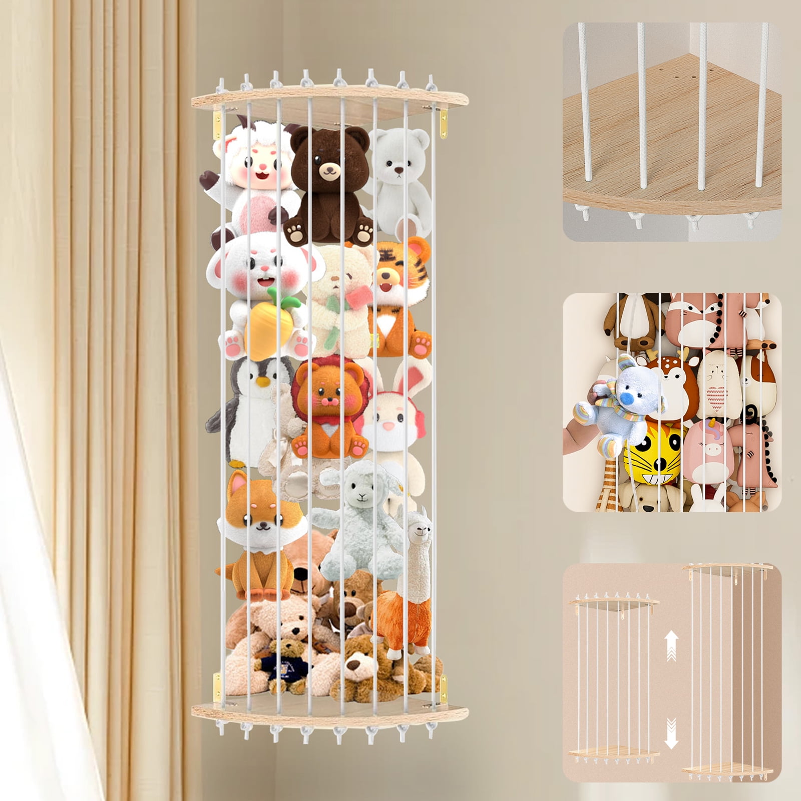 BIGKING Corner Stuffed Animal Storage Holder, Large Capacity Wood Corner Plush Toys Holder with Adjustable Length for Nursery Play Room Bedroom Kid Room