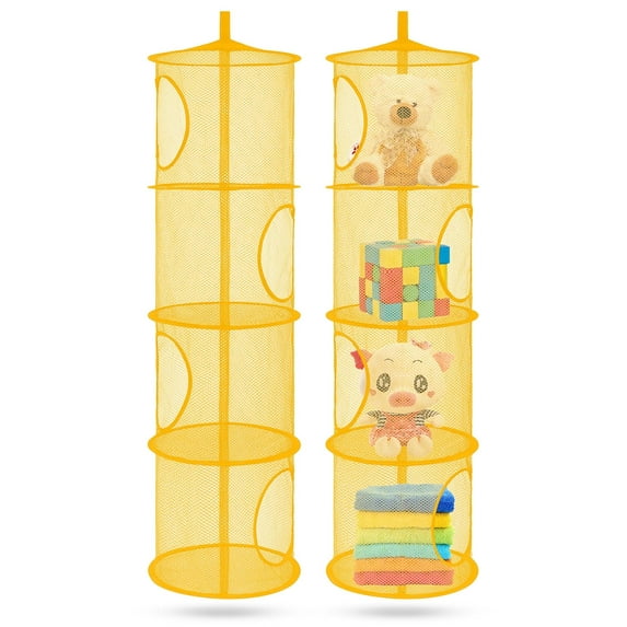 Stuffed Animal Storage Mesh Hanging Storage Space Saver Bags Organizer,Foldable Storage Organizer 4 Compartments Toy Storage Basket for Kids Room Bathroom 2 Sets YELLOW