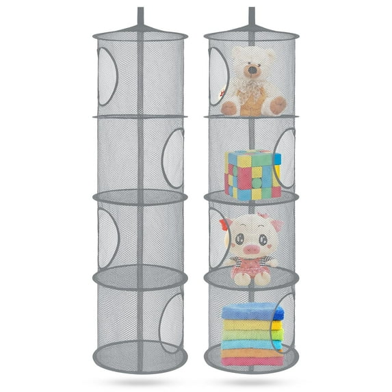 Stuffed Animal Storage Mesh Hanging Storage Space Saver Bags Organizer,Foldable Storage Organizer 4 Compartments Toy Storage Basket for Kids Room Bathroom 2 Sets GRAY