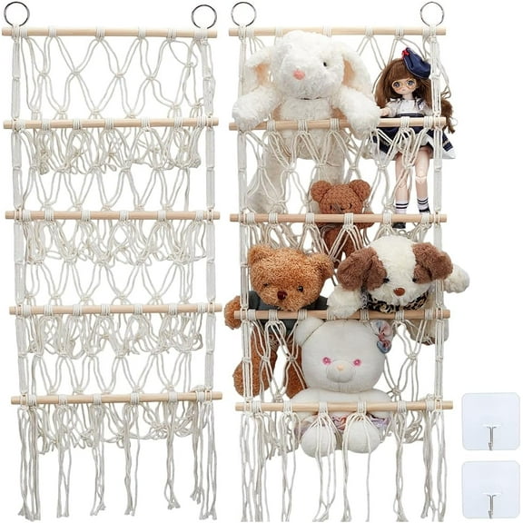 Stuffed Animal Storage Net Hammock 4 Tiers Plushies Hammock Hanging Macrame Storage Net Stuffed Animal Display Boho Plush Hammock with Tassels for Store Organization Plush Animals Room
