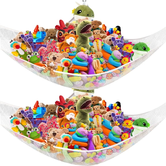 Stuffed Animal Storage Net Hammock Corner, 2 Pack Toy Net Large Kids Toy Holder Hanging Organizer Squishmallow Net for Teddy Bear, Plush Hammock, Doll, Kids Bedroom, Playroom, Nursery Room,White