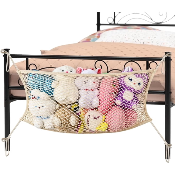 Stuffed Animal Storage Net for Kids, Bedside Toy Organizer Net - Neatly Store Your Stuffed Animals, Cotton Bedside Stuffed Animal Storage Net with Tether, Stretches up to 35 Inches, Beige
