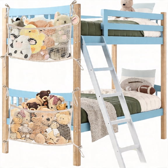 Stuffed Animal Storage Net and Bedside Toy Organizer, Hanging Toy Hammock with Secure Tether, Stretches up to 35 Inches, 2 Pack, One Size, Beige