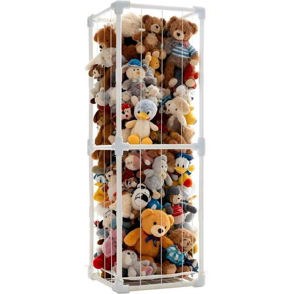 Stuffed Animal Storage Organizer, 58" Extra Large Zoo Cage for 80+ Plushies, Upgraded Quick-Lock Vertical Toy Holder for Kids Room & Playroom (White)