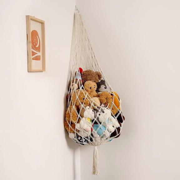 Stuffed Animal Storage Organizers Toy Hammock Corner Hanging Net Stuffy Animal Hammock Toy Display Plush Toy Holder Wall, Boho Nursery Playroom Organizer (Cream)