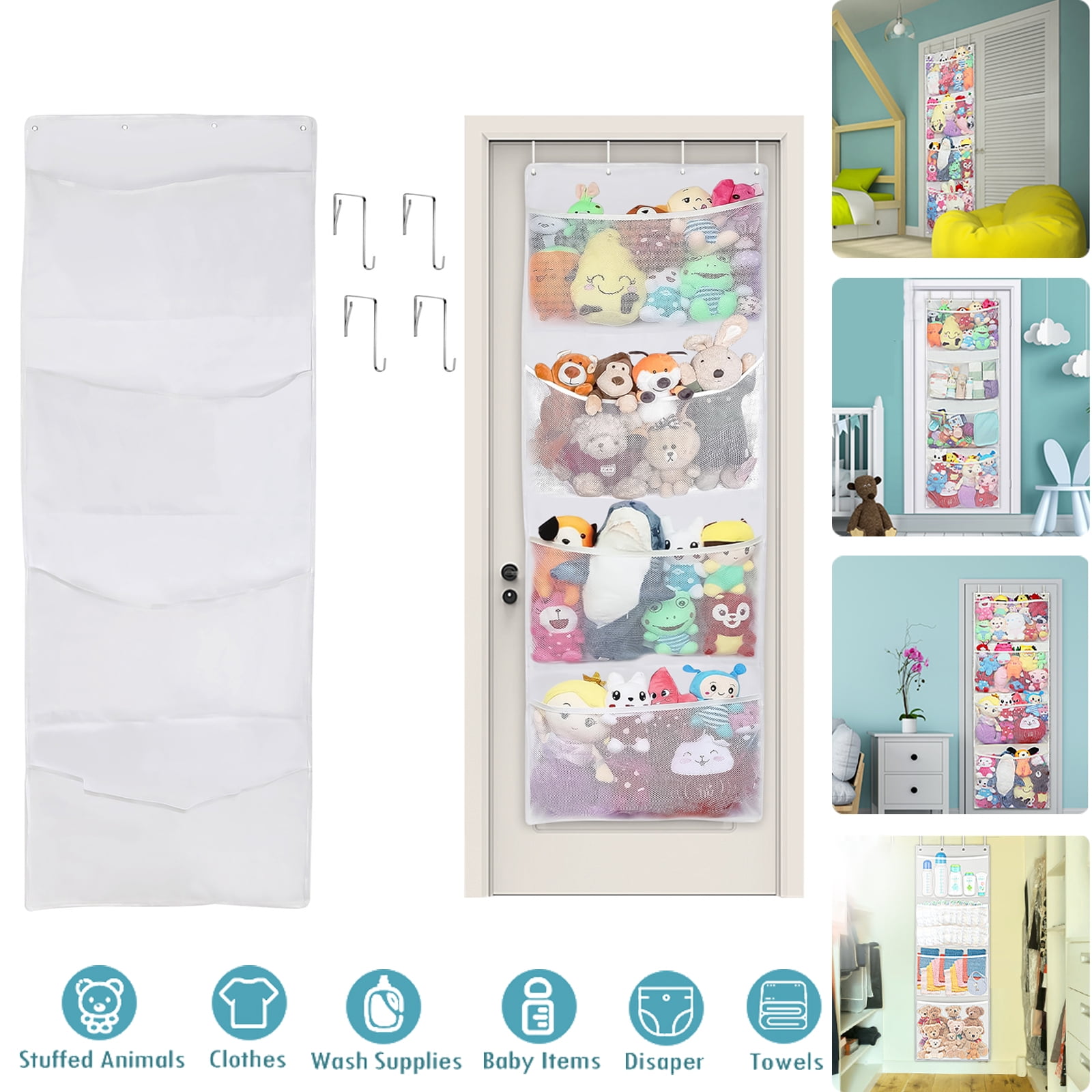 BIGKING Stuffed Animal Storage Over Door Toy Organizer, Large Mesh Hanging Plushies, Stuff Animal Storage Net for Kids Room Bedroom, White