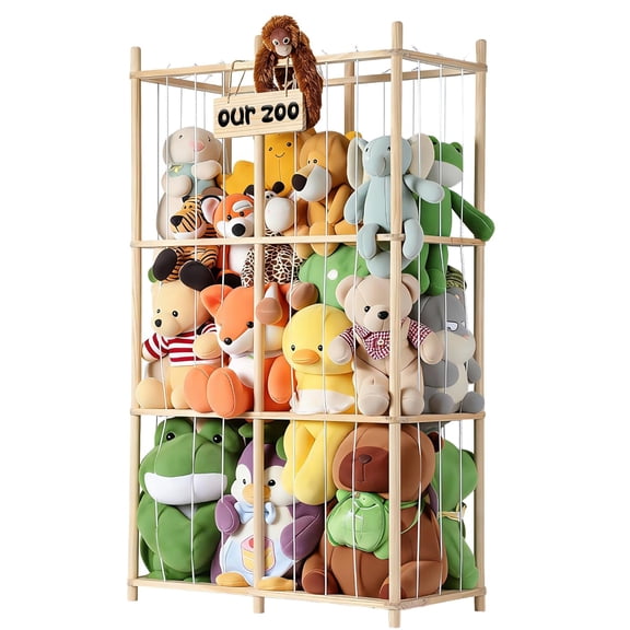Stuffed Animal Storage, Wooden Zoo Stuffed Animal Holder with Elastic Cords, Space Save Plush Toy Cage, Double Capacity Extra Large Stuffed Animal Organizer for Playroom, Bedroom, Nursery, 31" W