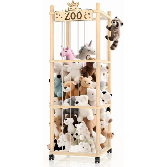 Stuffed Animal Storage Zoo Tower,56In Wooden Large Stuffed Animal Holder Organizer with Wheels,Stuffy Plushies Storage with Elastic Band&Mesh Bottom,Toy Storage Organizers for Playroom Bedroom Nurser