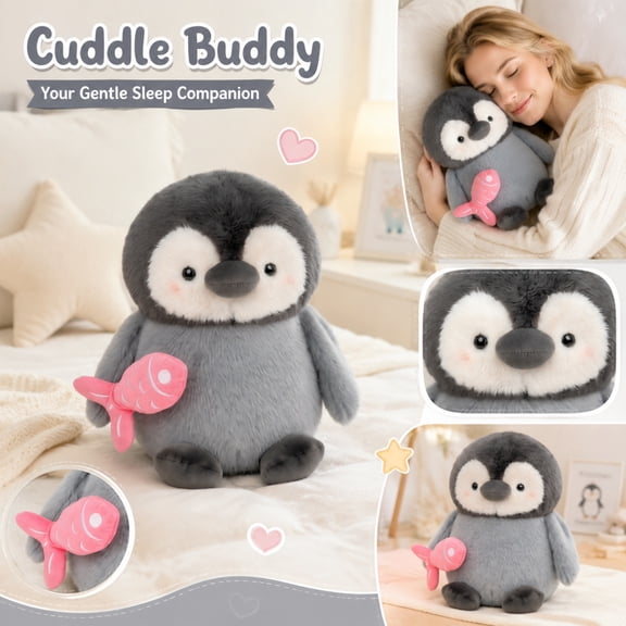 Stuffed Animal, Stuffed Penguin, Toys, Cute Plush, 10X5 in Ultra-Soft Plush Doll Holding A Small Pink Fish, Ideal for Comforting Fussy Little Ones During Naptime and Quiet Play