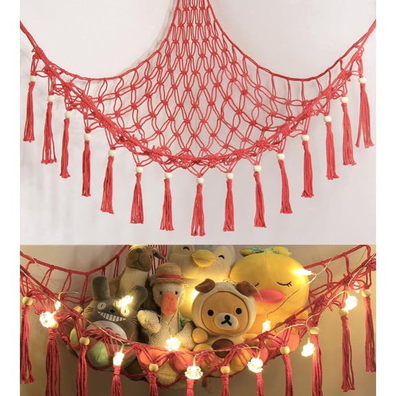 Stuffed Animal Toy Storage Hammock with LED Light - Macrame Jumbo Doll Corner Stuff Animals Organizer Decorations - Cute Hanging Plushie Net Kids Baby Nursery Bedroom Room Decor