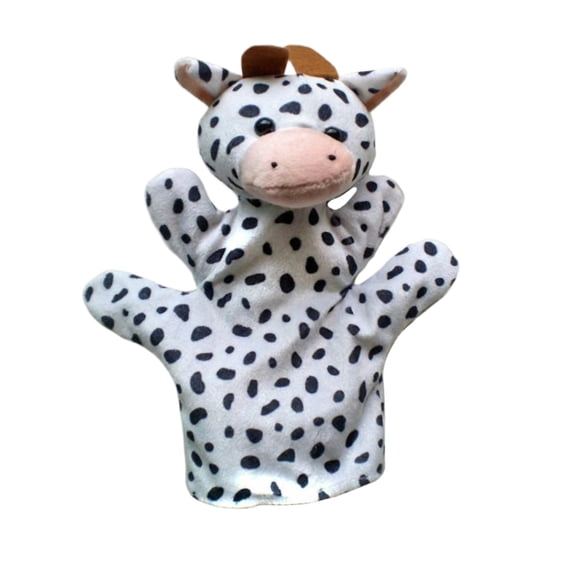 Stuffed Animal Valentines Day, Plush Hand Puppet, 12 In, Five Fingered, Outdoor Play, Spotted Dairy Cow Design, Light Pink Snout, 1 Pc