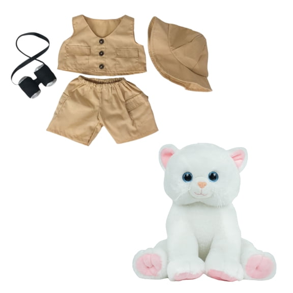 Stuffed Animal White Kitty with Boy Safari Outfit - 16 inch Adorable Safari Attire Plush Toy, Gift for Kids