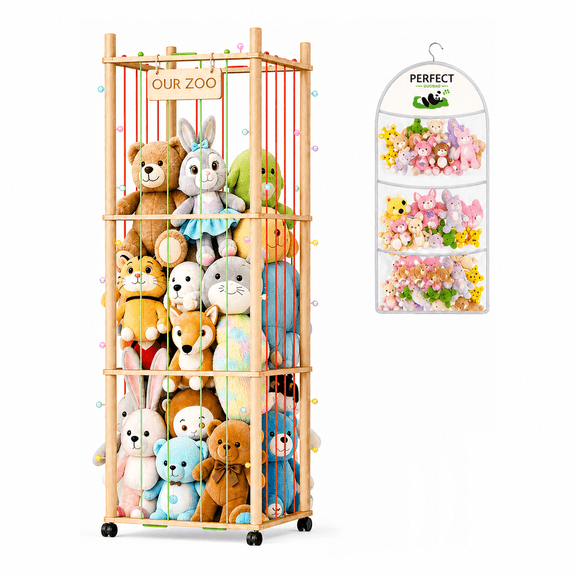 Stuffed Animal Zoo Storage Organizer with Wheels, Large Rolling Plush Toy Storage with Elastic Cords for Bedroom and Playroom, Natural